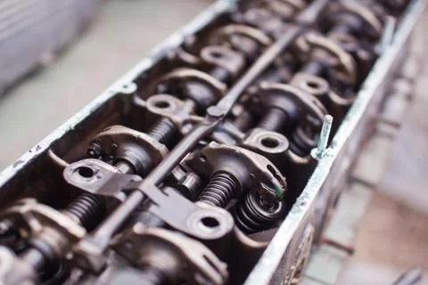 Close-up the head of a six-cylinder engine Stock Photos