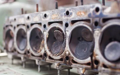 Close-up the head of a six-cylinder engine Stock Photos