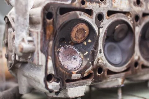 Close-up the head of a six-cylinder engine Stock Photos
