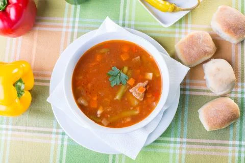 Close up of healthy vegetable soup with ingredients Stock Photos