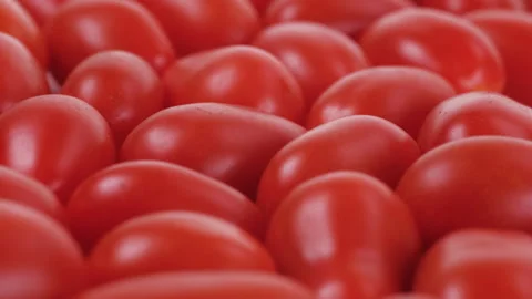 Close-up, heap of fresh small tomatoes in close detail. Slider shot. Stock Footage 296556203