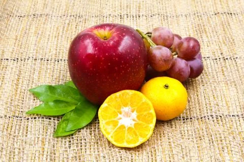 Close up of heap of fruit on the sack. Stock Photos