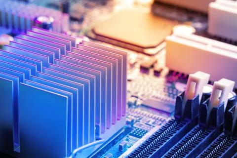 Close Up -  Heatsink, memory, chips in a computer circuit board motherboard Stock Photos