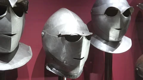 Close helmets on display stands palace armoury grand master's palace valletta Stock Footage 341772876