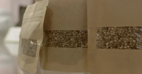 Close-up of hemp seeds in packet serve as protein powerhouse plant based protein Stock Footage 259104333