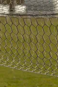 Close-up of hexagonal wire mesh fence with blurred grassy background Stock Photos