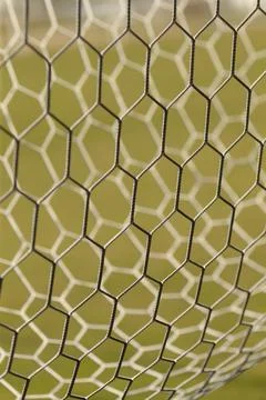 Close-up of hexagonal wire mesh fencing with blurred green background Stock Photos