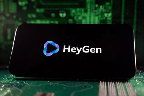 Close up of HeyGen logo on device with circuit board background. Toronto, Canada Foto stock