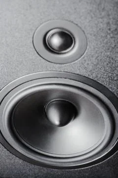Close up of high and low frequency speakers, membrane audio speaker Stock Photos