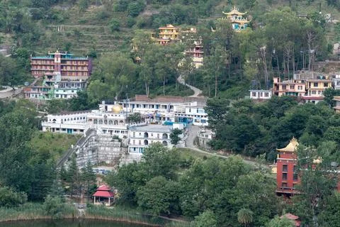 Close-up high-angle shot of Gurdwara Sri Rewalsar Sahib and monasteries. Stock Photos
