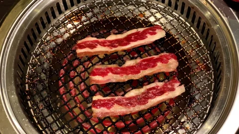 Close up , high angle steadicam of cooking a fillet meat at restaurant Stock Footage 257873560