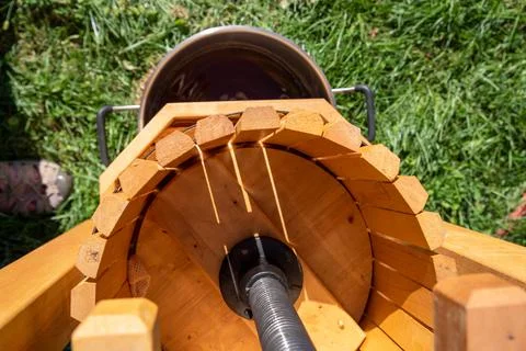 Close up high angle view of apple cider press Foto stock