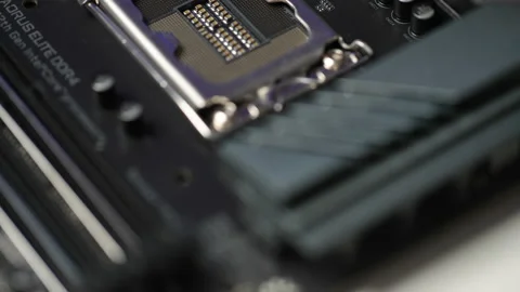 Close-up high-angle view of new motherboard CPU installation slot, object macro Stock Footage 234109244
