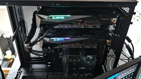 A close up of a high-performance gaming and video gaming computer cabinet with Stock Footage 309743085