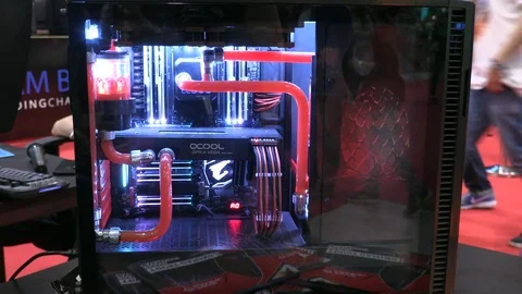 Close-up of high-performance water-cooled gaming computer at showroom Stock Footage 91848046