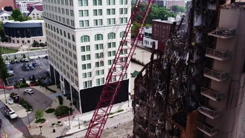 Close-Up of High-Rise Demolition with Structural Collapse Stock Footage 312101270