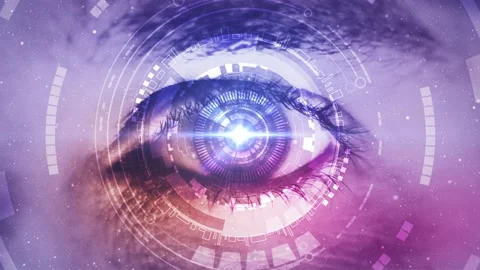 Close up of high tech futuristic eye and optical flare with green screen Video stock 143707002