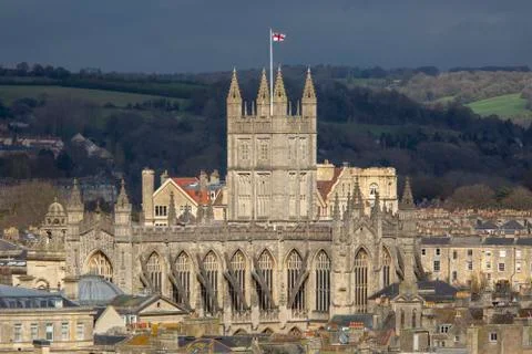 A close up, high viewpoint of Bath Abbey on a sunny day in Bath, England Stock Photos
