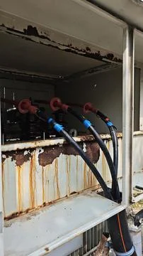 Close up of high voltage cable termination potheads with red silicone. Stock Photos