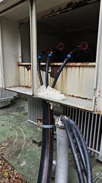 Close up of high voltage cable termination potheads with red silicone. Stock Photos