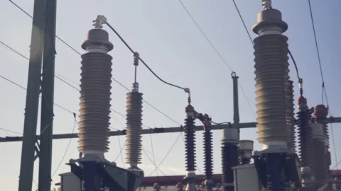 Close up, high voltage substation, transformation station  Stock Footage 142585454