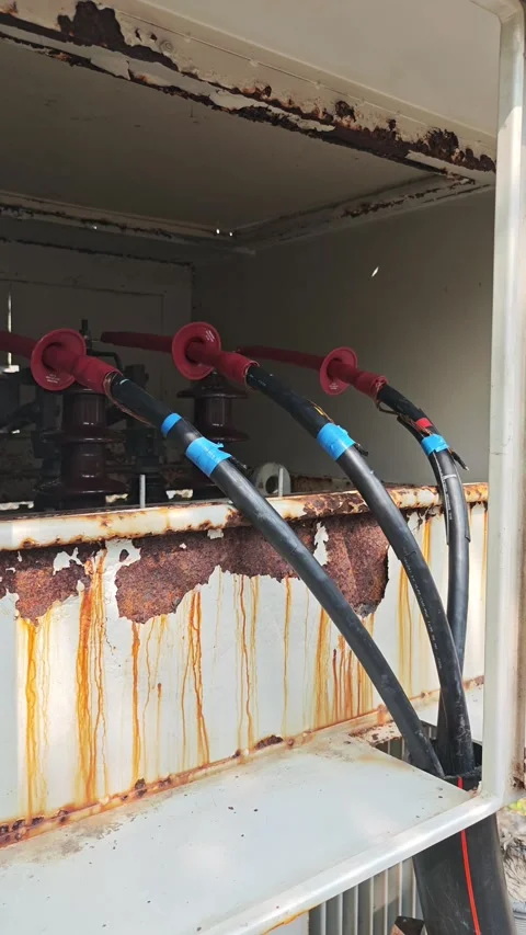 Close up of high voltage underground cable termination connected. Video stock 333392018