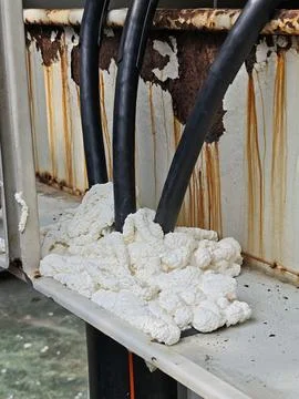 Close up of high voltage underground power cables entering rusty metal. Stock Photos