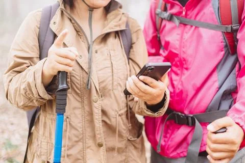 Close up of hikers using smartphone for navigation in forest, symbol of adv.. Stock Photos
