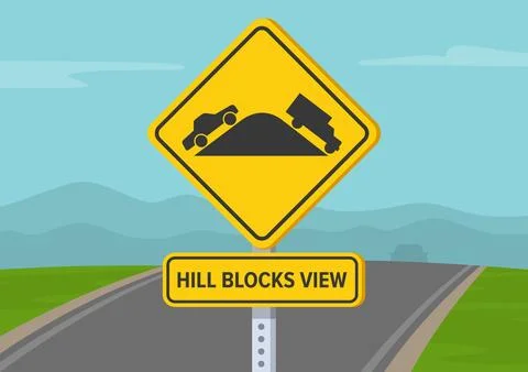 Close-up of a "Hill blocks view" traffic sign in front of a country road. Stock Illustration