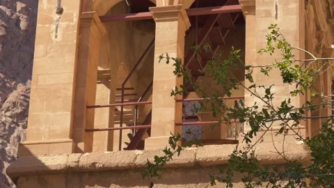 Close up of Historic bell tower of Saint Catherine Monastery against clear blue Stock Footage 341651028