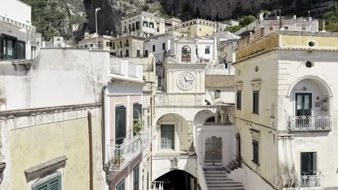 Close Up Historic Clock Tower Arch Village Buildings Atrani Amalfi Coast Italy Stock Footage 335591589