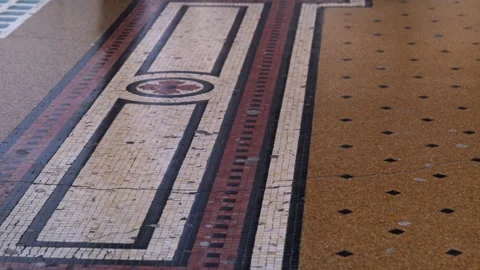 Close-Up of Historic Mosaic Tile Floor with Geometric Pattern in Genoa Italy Stock Footage 305577360
