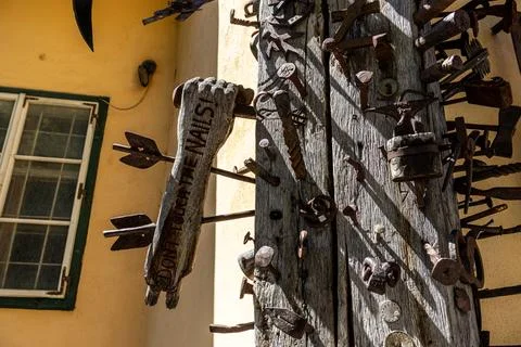 Close Up of Historical Guild Log Hammered with Iron Nails Stock Photos