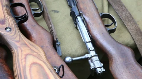 Close up of historical rifles and machine-guns Stock Footage 65675620