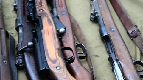 Close up of historical rifles and machine-guns Stockbeeldmateriaal 65677755