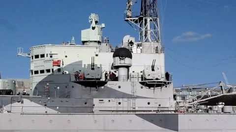 Close up of HMS Belfast on the river Thames in London Video stock 50492201
