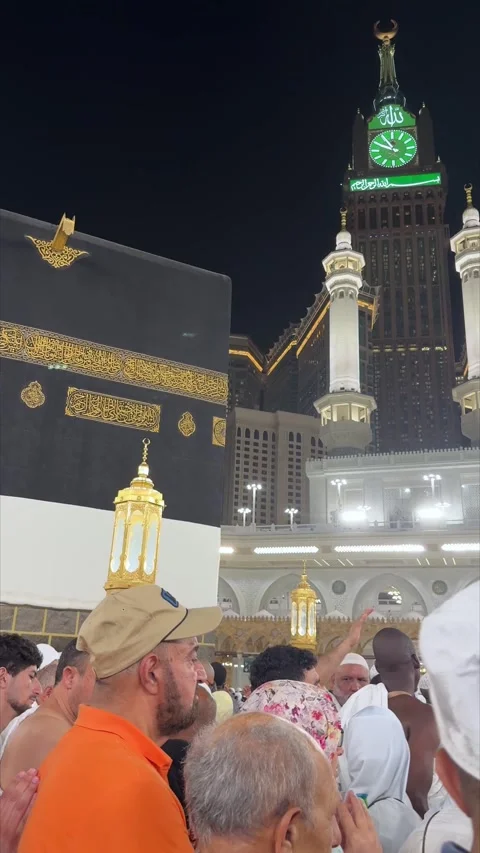 Close up of the Holy Kaaba at Masjid al-Haram during the Hajj season at night. Stock Footage 339170930