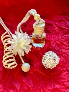Close up of a home fragrancing reed diffuser set with small glass bottle and Stock-Fotos