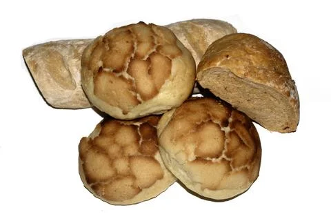 Close up of home made bread rolls baguette loaf fresh cooked Stock Photos