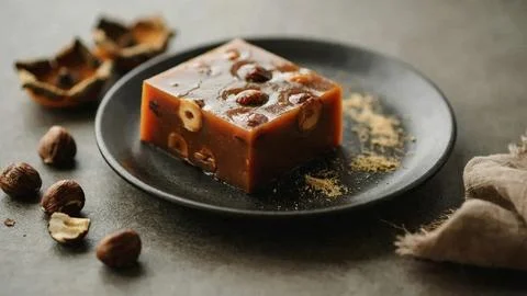 Close-up of homemade pumpkin bread slice garnished with nuts on a dark plate Foto stock