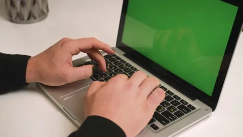 Close up homosexual man hands type on laptop green screen chromakey, working at Stock Footage 146908039