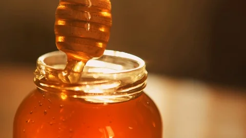 Close Up: Honey dripper is dipped in a jar full of golden sticky honey Vidéo 108811583