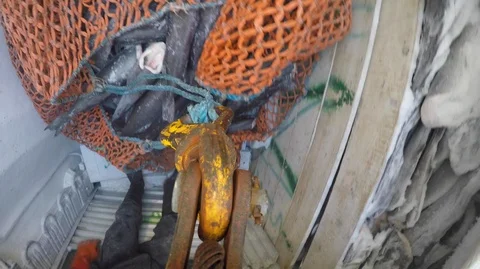 Close up of hook picking up net with frozen fishes, United States Stock Footage 138893962