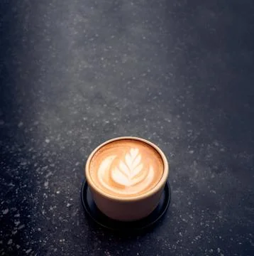 Close up hot capucino coffee cup with latte art foam on black stone table at  Stock Photos