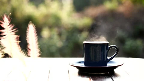 Close up hot coffee cup or tea with steaming smoke. Stock Footage 152494919