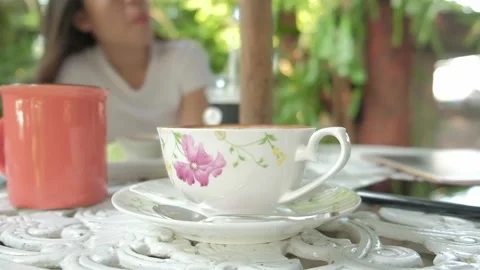 Close up hot coffee cup on a plate. Stock Footage 134909795