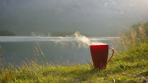Close up hot coffee cup with steaming smoke on morning nature view background Stock Footage 166117709