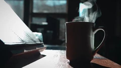 Close Up of Hot Coffee Cup on Table Stock Footage 329615967