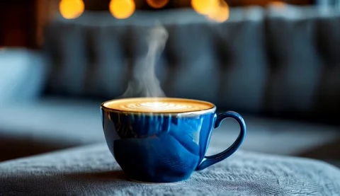 Close-up of hot coffee cup.Blue cup of coffee on the grey sofa with lighting bac Stock Footage 292889556