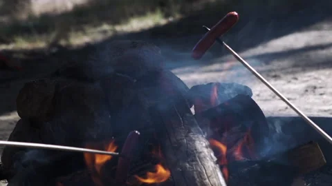 Close-up of hot dogs roasting over an open campfire Stock Footage 138475807